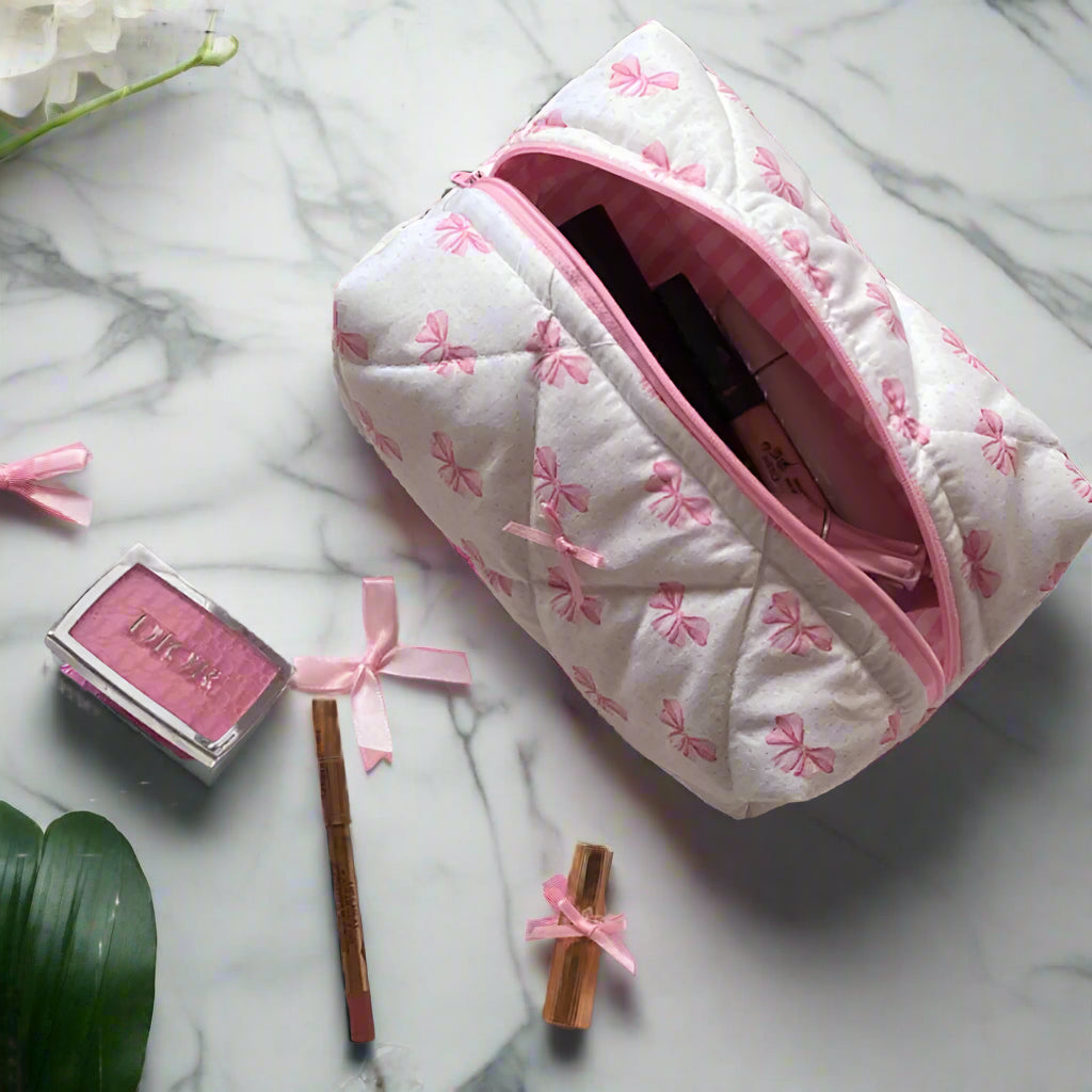Cute girly girl s cosmetic bag sweet bow toiletry bag fluffy skincare clutch image 1