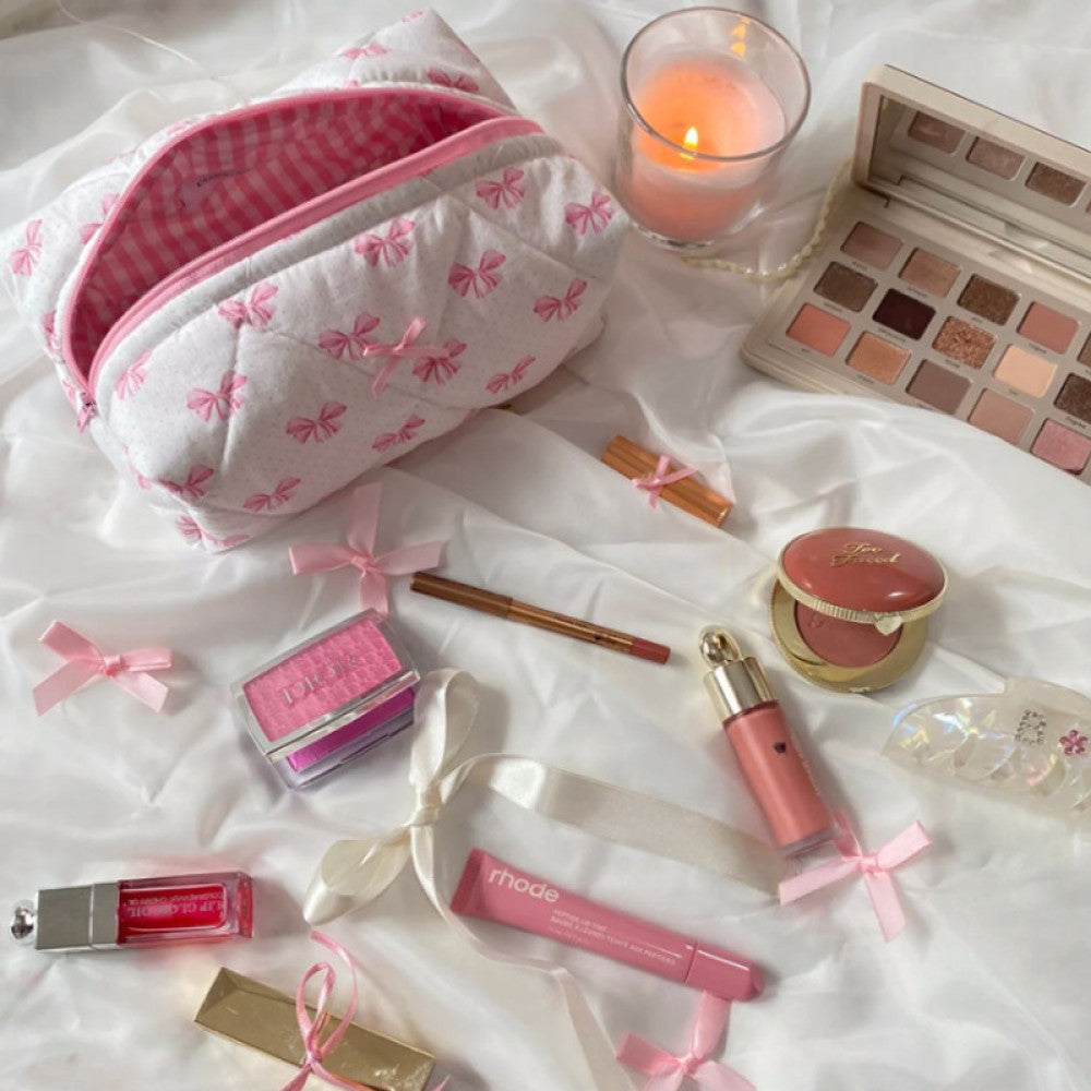 Cute girly girl s cosmetic bag sweet bow toiletry bag fluffy skincare clutch image 3